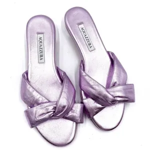 Aquazzura Olie Knotted Sandals Purple Metallic Crisscross Flat Slide Sz 38 / 8