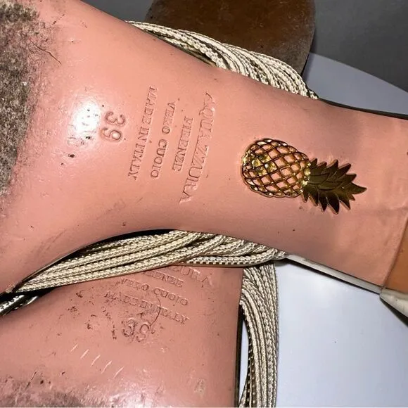 Aquazzura Gold Leather Slides Sandals Size 39. Gold Metallic.