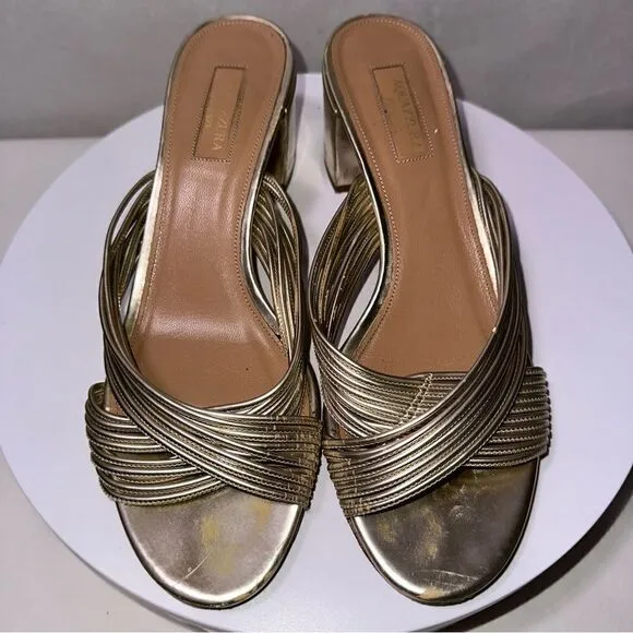 Aquazzura Gold Leather Slides Sandals Size 39. Gold Metallic.