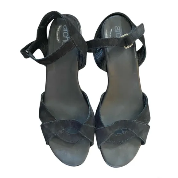 ARCHE Black Suede Leather Sandals Shoes Size EU 38 US7 Made In France Block Heel