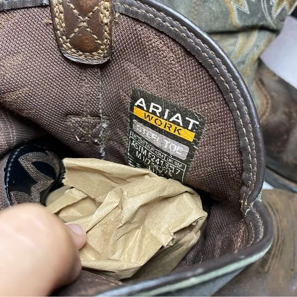 ARIAT 10D WORK Steel Toe Cowboy Boots Leather 43 Wide W Green Design Western