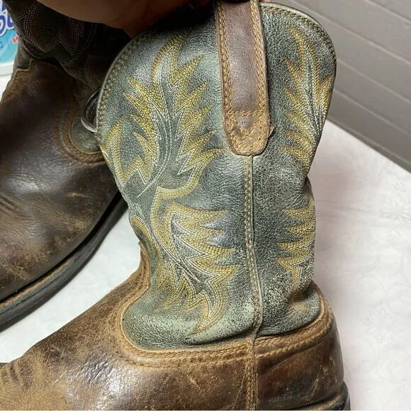ARIAT 10D WORK Steel Toe Cowboy Boots Leather 43 Wide W Green Design Western