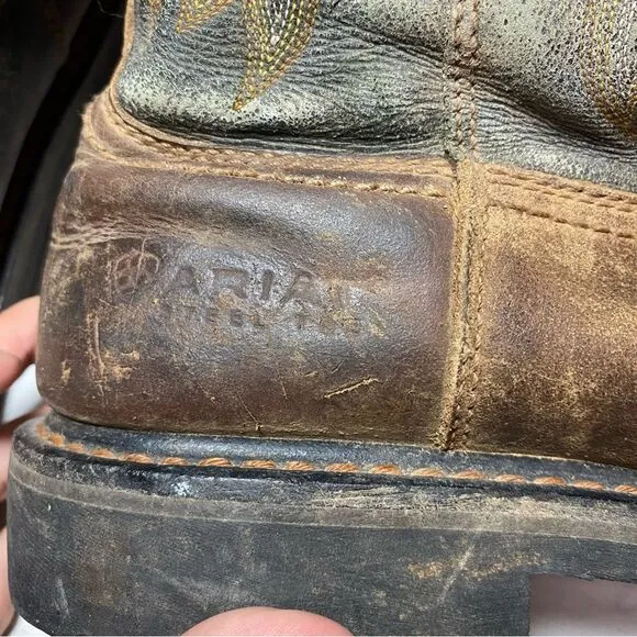 ARIAT 10D WORK Steel Toe Cowboy Boots Leather 43 Wide W Green Design Western