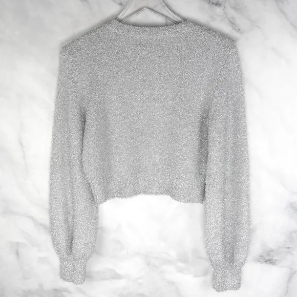 Aritzia Sunday Best Kitten Eyelash Bishop Sleeve Sweater Metallic Silver Gray S