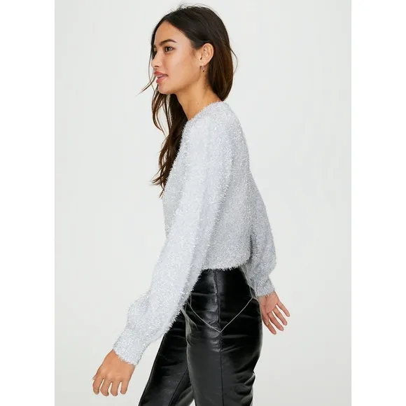Aritzia Sunday Best Kitten Eyelash Bishop Sleeve Sweater Metallic Silver Gray S