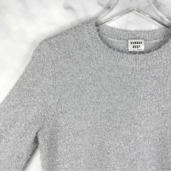 Aritzia Sunday Best Kitten Eyelash Bishop Sleeve Sweater Metallic Silver Gray S