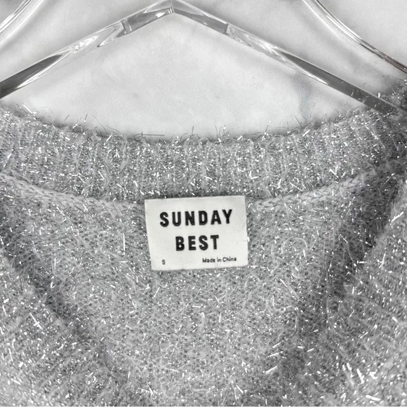 Aritzia Sunday Best Kitten Eyelash Bishop Sleeve Sweater Metallic Silver Gray S
