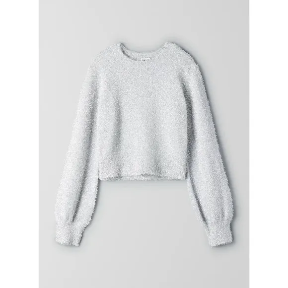 Aritzia Sunday Best Kitten Eyelash Bishop Sleeve Sweater Metallic Silver Gray S