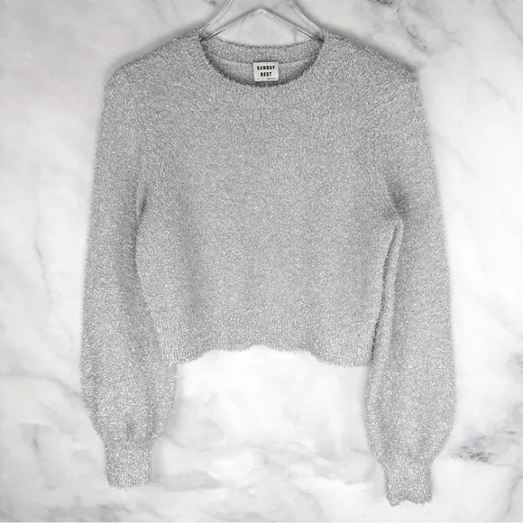 Aritzia Sunday Best Kitten Eyelash Bishop Sleeve Sweater Metallic Silver Gray S