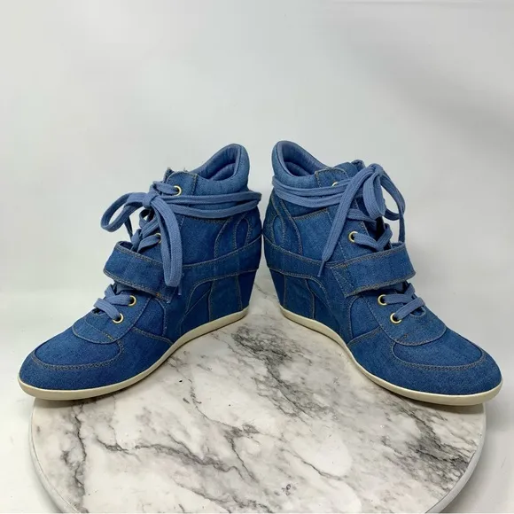 Ash Bowie Denim Hidden Wedge Hi-Top Sneakers 40/9 Sporty Retro Edgy Casual