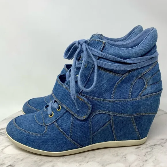 Ash Bowie Denim Hidden Wedge Hi-Top Sneakers 40/9 Sporty Retro Edgy Casual