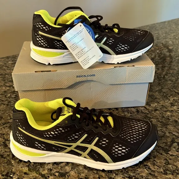 ASICS gel storm black lighting flash yellow kids sneakers NIB6.5