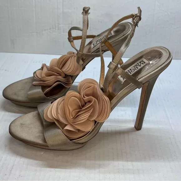 BADGLEY MISCHKA Randee Nude CHAMPAGNE RAW SATIN RUFFLE SANDALS, 10