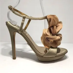 BADGLEY MISCHKA Randee Nude CHAMPAGNE RAW SATIN RUFFLE SANDALS, 10
