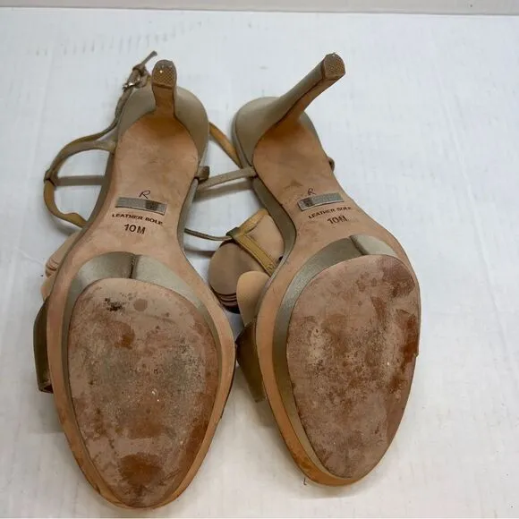 BADGLEY MISCHKA Randee Nude CHAMPAGNE RAW SATIN RUFFLE SANDALS, 10