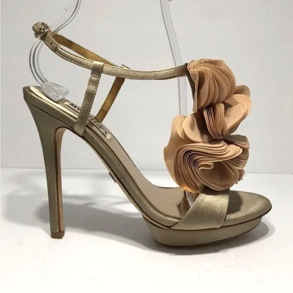 BADGLEY MISCHKA Randee Nude CHAMPAGNE RAW SATIN RUFFLE SANDALS, 10