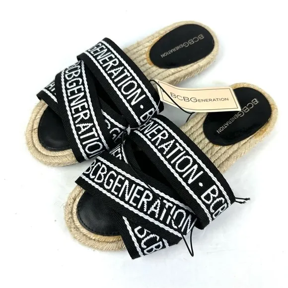 BCBGeneration Maya Flat Slides 6 Espadrille Black White Shoes Womens New
