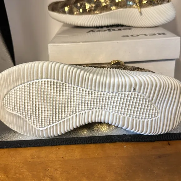 BELOS memory foam shoes new in the box size 6. Beautiful gold sequins.