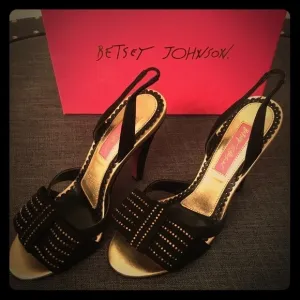 Betsy Johnson Black &amp; Gold Bow Slingback Heels NWT