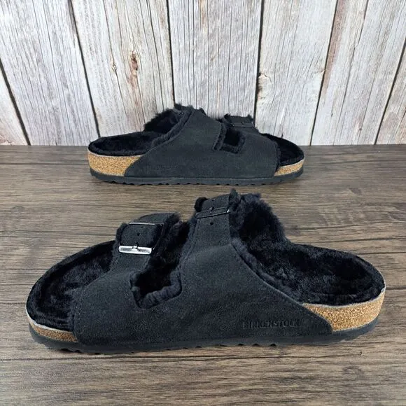 Birkenstock Arizona Shearling Slide Sandals Women's Sz 9 Black (Worn Once)