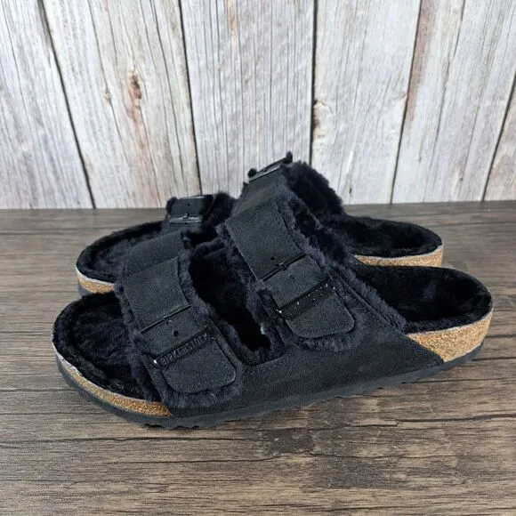 Birkenstock Arizona Shearling Slide Sandals Women's Sz 9 Black (Worn Once)