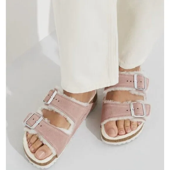Birkenstock Sandals Pink Arizona Shearling Suede Leather Shoes Size 8 US 39 New