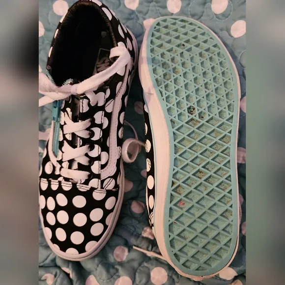 Black and White Polka Dot Vans with an Aqua Zipper on both shoes