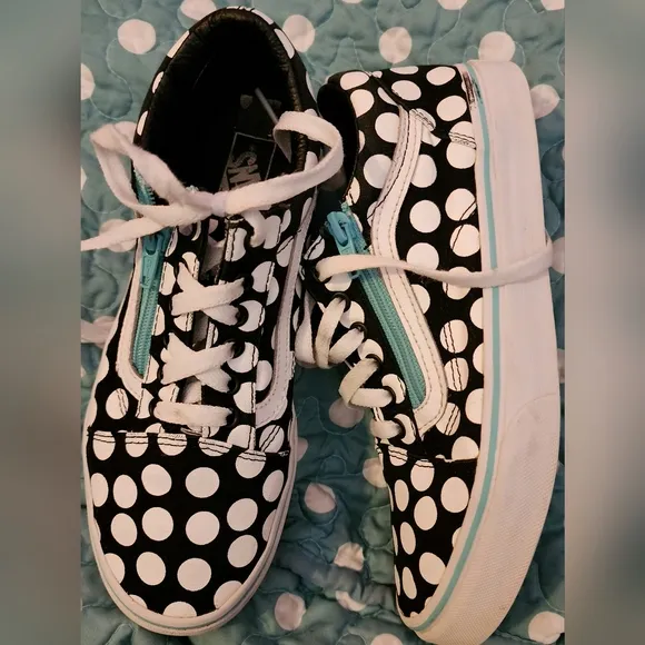 Black and White Polka Dot Vans with an Aqua Zipper on both shoes