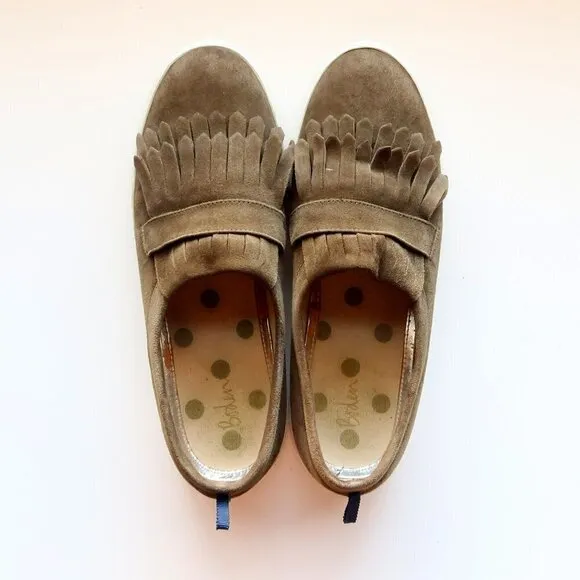 Boden Rayna Military Green Suede Leather Fringe Slip-ons Sneakers Flat Shoes