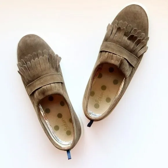 Boden Rayna Military Green Suede Leather Fringe Slip-ons Sneakers Flat Shoes