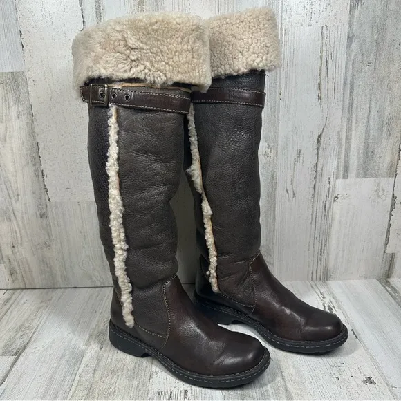Born Shearling-Lined Dark Brown Leather Knee-High Winter Boots #1343