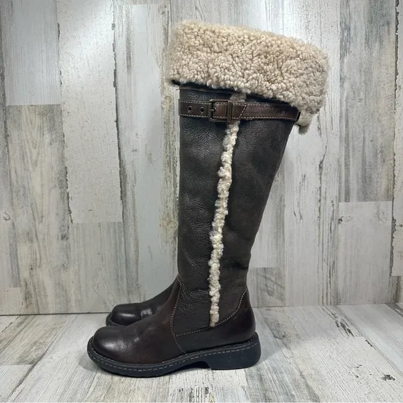 Born Shearling-Lined Dark Brown Leather Knee-High Winter Boots #1343
