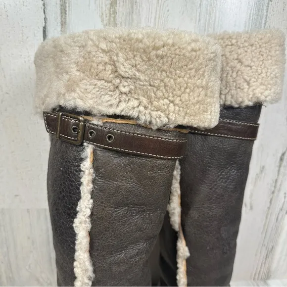Born Shearling-Lined Dark Brown Leather Knee-High Winter Boots #1343