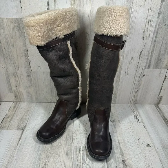 Born Shearling-Lined Dark Brown Leather Knee-High Winter Boots #1343