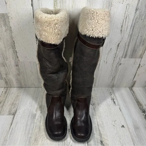 Born Shearling-Lined Dark Brown Leather Knee-High Winter Boots #1343