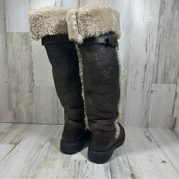 Born Shearling-Lined Dark Brown Leather Knee-High Winter Boots #1343