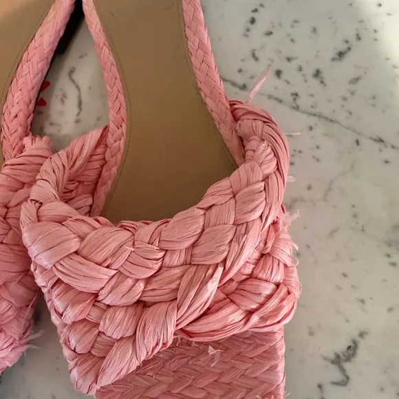 Bottega Veneta Pink Stretch Raffia Straw Flat Slide Sandal 38