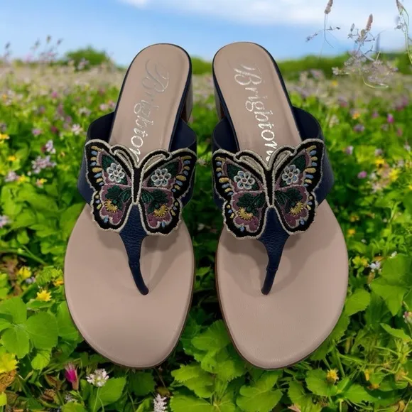 Brighton Butterfly Sandals Karina Azure Shoes 7 1/2 M Navy Blue NWOB
