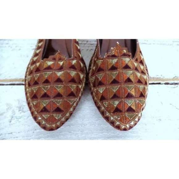 Brown leather gold red metallic thread Indian style flat slipper shoes