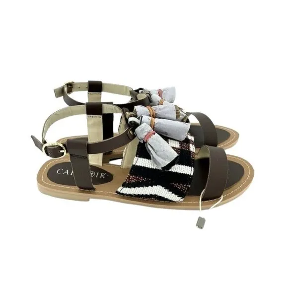 Cafe Noir Brown Leather Tassels Strappy Flat Sandals Shoes SZ 37 EU 6.5  US NIB