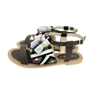 Cafe Noir Brown Leather Tassels Strappy Flat Sandals Shoes SZ 37 EU 6.5  US NIB
