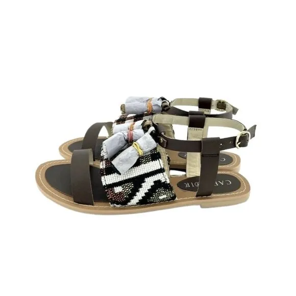 Cafe Noir Brown Leather Tassels Strappy Flat Sandals Shoes SZ 37 EU 6.5  US NIB