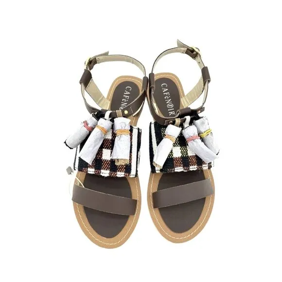 Cafe Noir Brown Leather Tassels Strappy Flat Sandals Shoes SZ 37 EU 6.5  US NIB