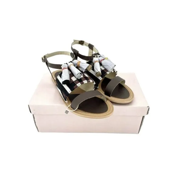 Cafe Noir Brown Leather Tassels Strappy Flat Sandals Shoes SZ 37 EU 6.5  US NIB