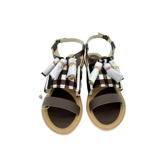 Cafe Noir Brown Leather Tassels Strappy Flat Sandals Shoes SZ 37 EU 6.5  US NIB