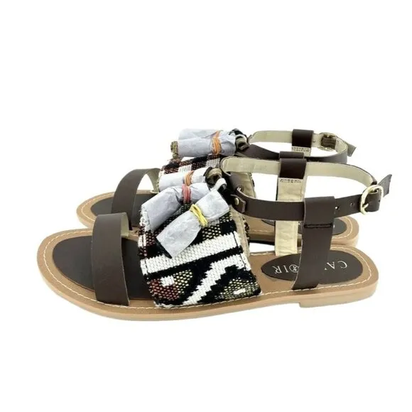 Cafe Noir Brown Leather Tassels Strappy Flat Sandals Shoes SZ 37 EU 6.5  US NIB