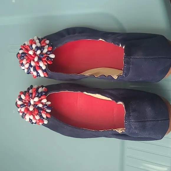 Carolina Herrera Blue Suede Red/White/Red Decorative Bow Flat Shoes Size 38/7.5