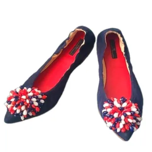 Carolina Herrera Blue Suede Red/White/Red Decorative Bow Flat Shoes Size 38/7.5