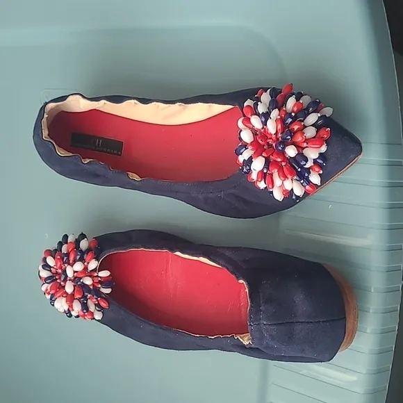 Carolina Herrera Blue Suede Red/White/Red Decorative Bow Flat Shoes Size 38/7.5
