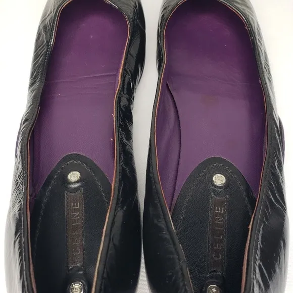 CELINE Women Ballet Flat Size 7.5 Slip On Shoe Black Patent Leather Comfy Casual